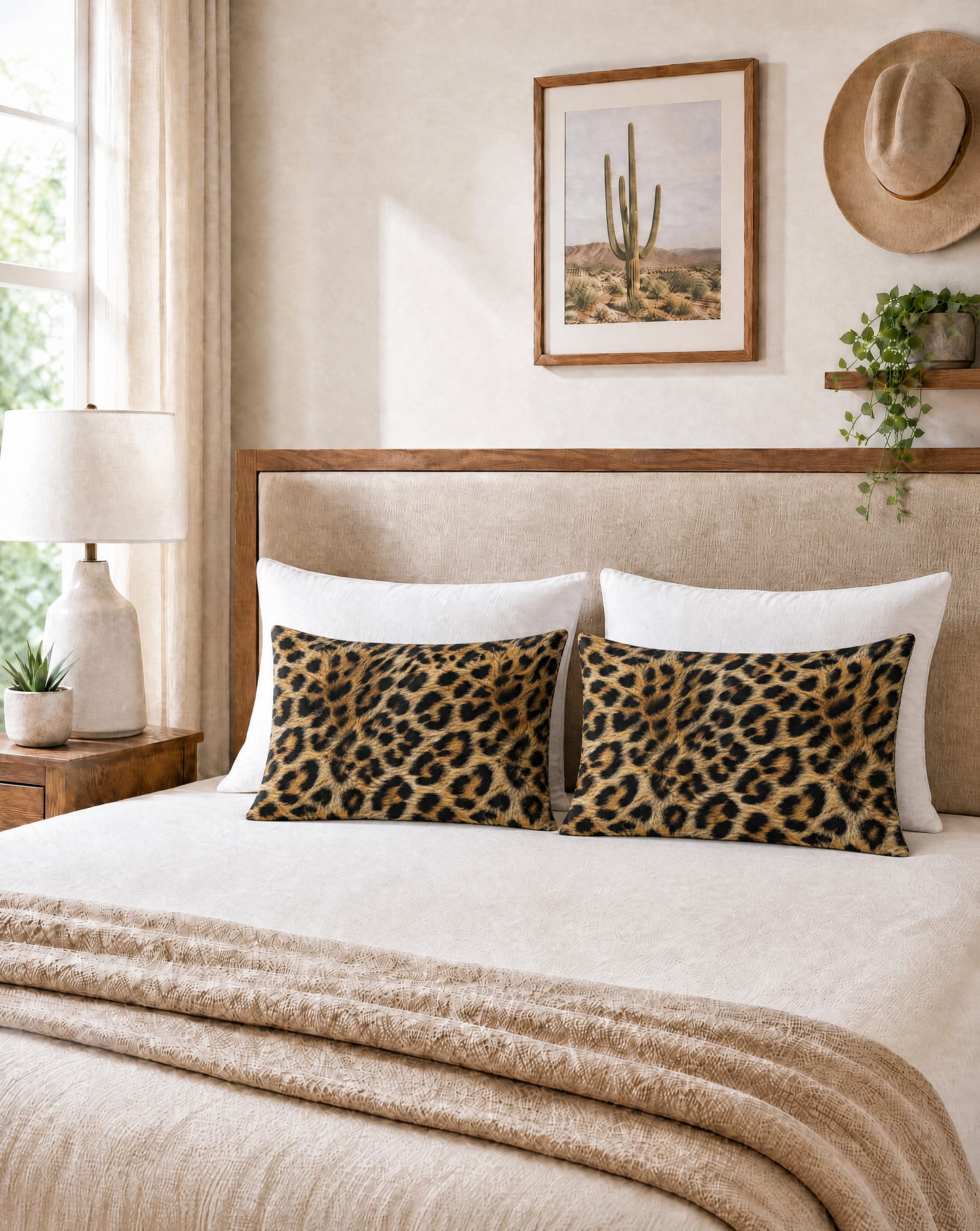 Bedroom with leopard print pillows and a cactus artwork on the wall.