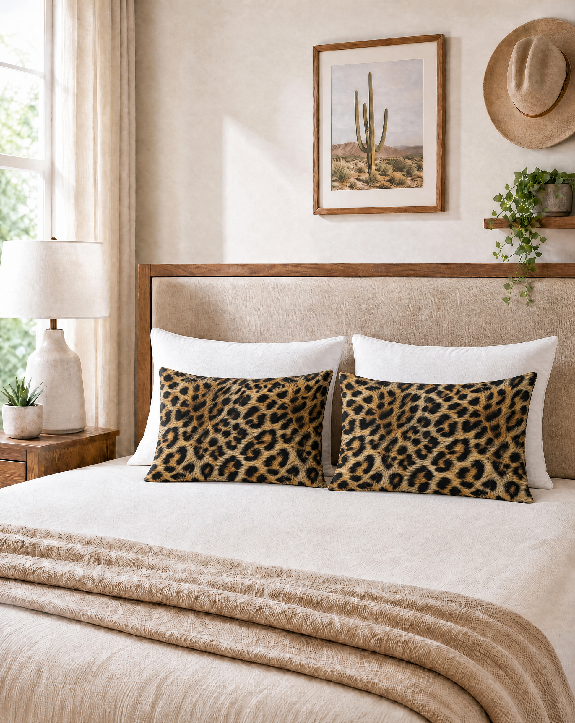 Bedroom with leopard print pillows and a cactus artwork on the wall.