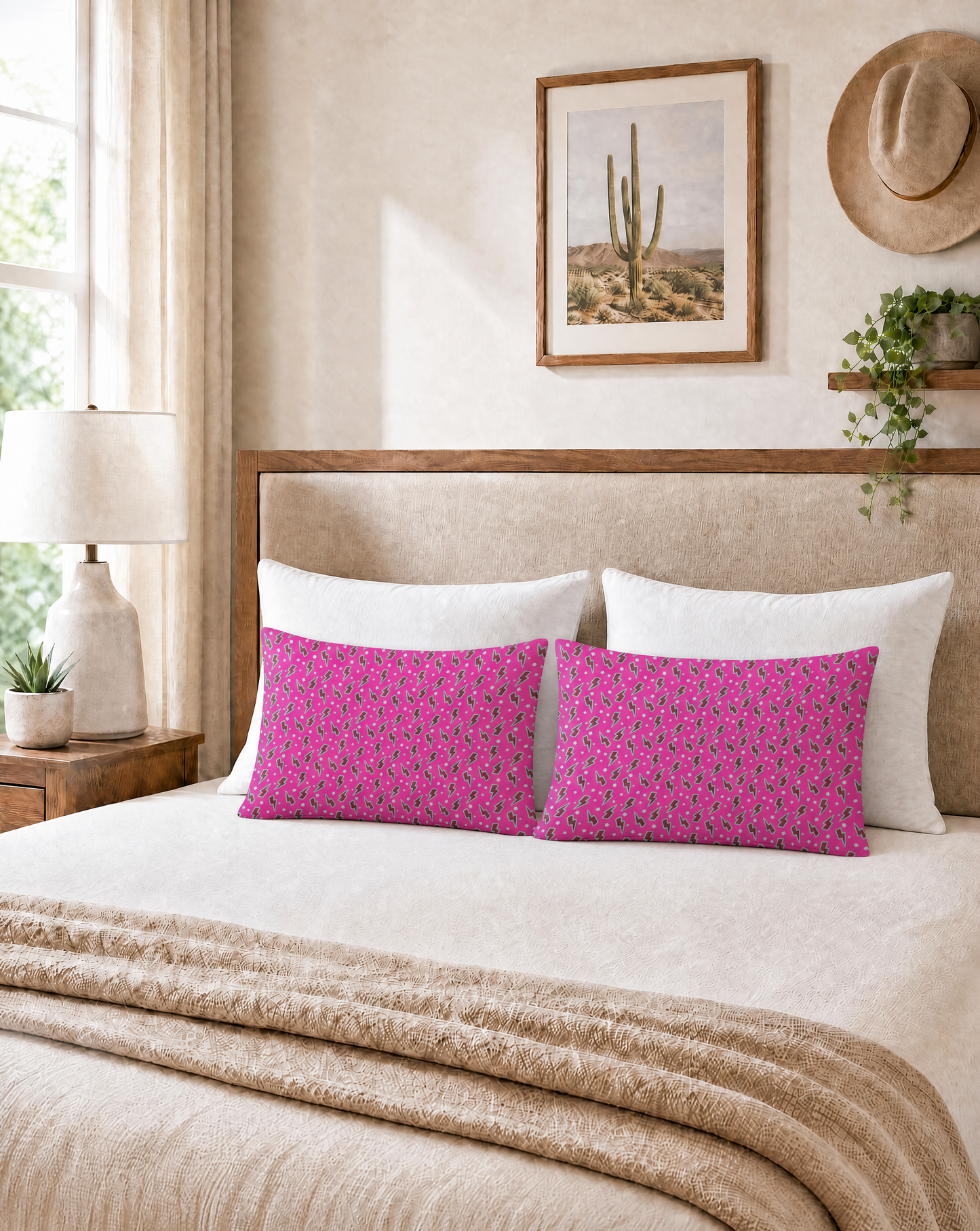 Bedroom with pink patterned pillows on a bed, framed picture on the wall, and decor elements.