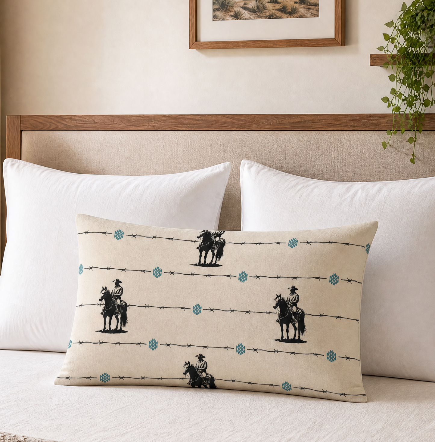 Neatly made bed with decorative pillow featuring horse and rider design, framed picture on wall, and lamp on nightstand.