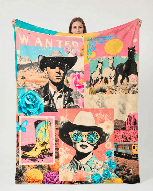 Pop Western Collage Throw Blanket Ultra-Soft Micro Fleece Blanket 60" x 80" Made in America
