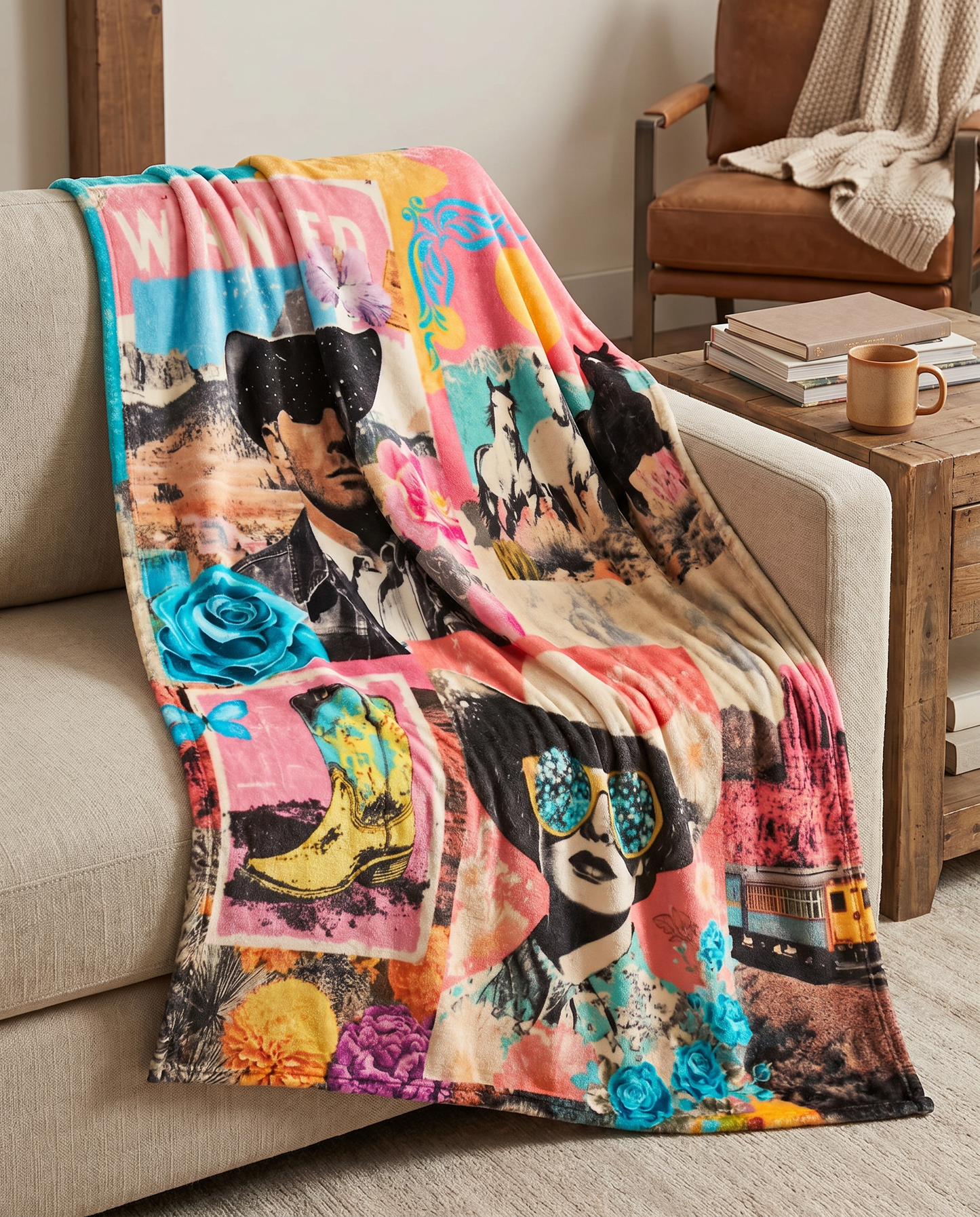Pop Western Collage Throw Blanket Ultra-Soft Micro Fleece Blanket 60" x 80" Made in America