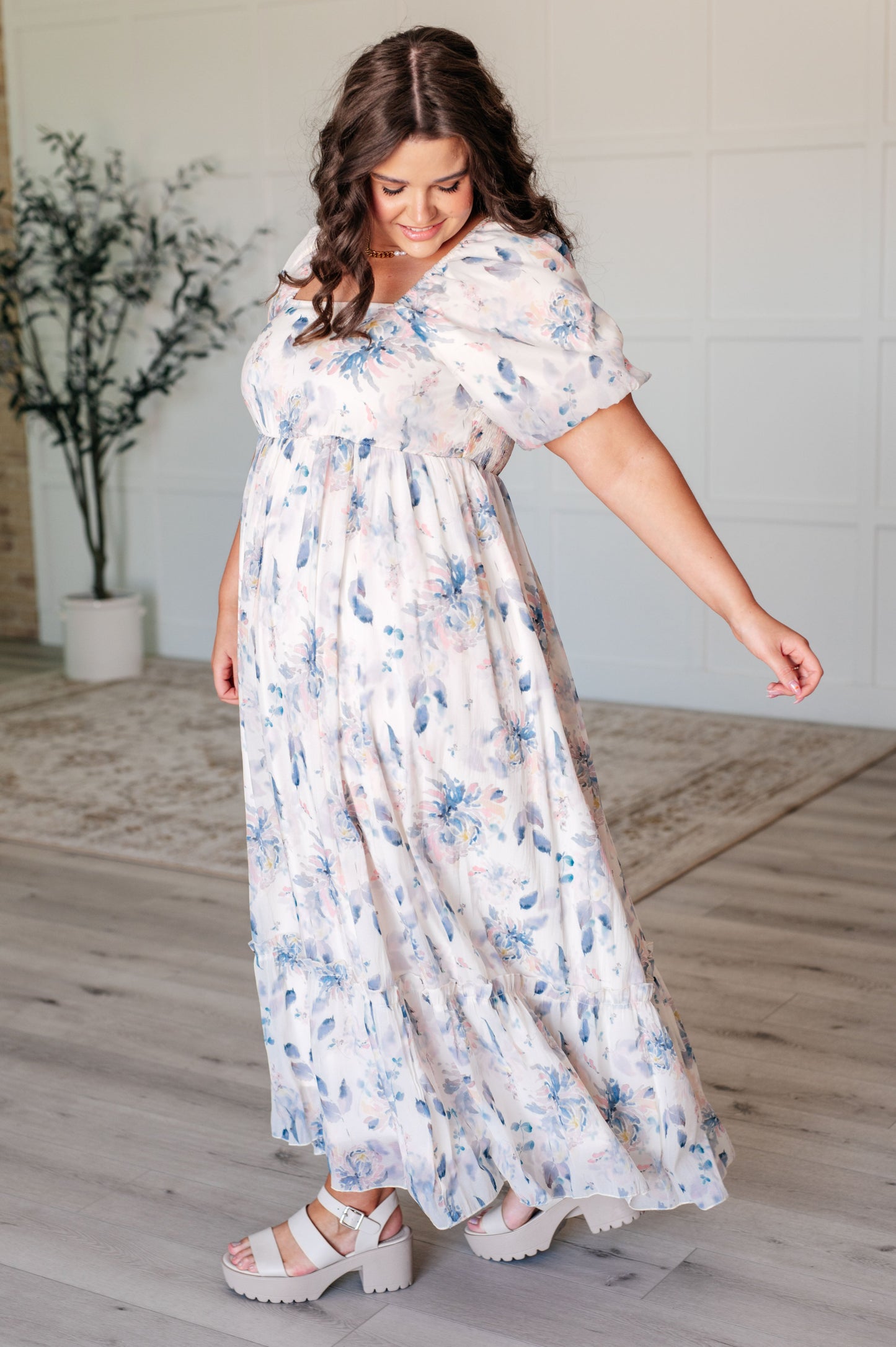 Floral Balloon Sleeve Floral Dress