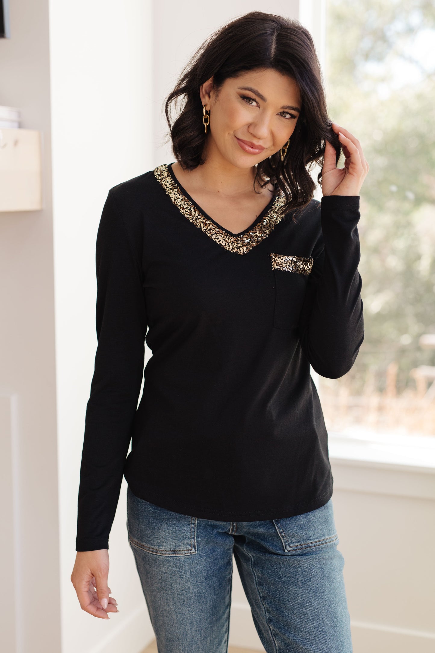 Gold Sequin Long Sleeve V-Neck Top