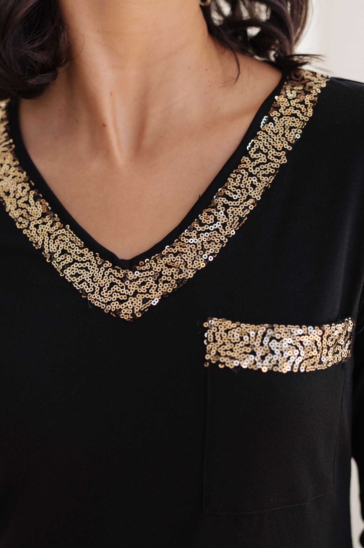 Gold Sequin Long Sleeve V-Neck Top