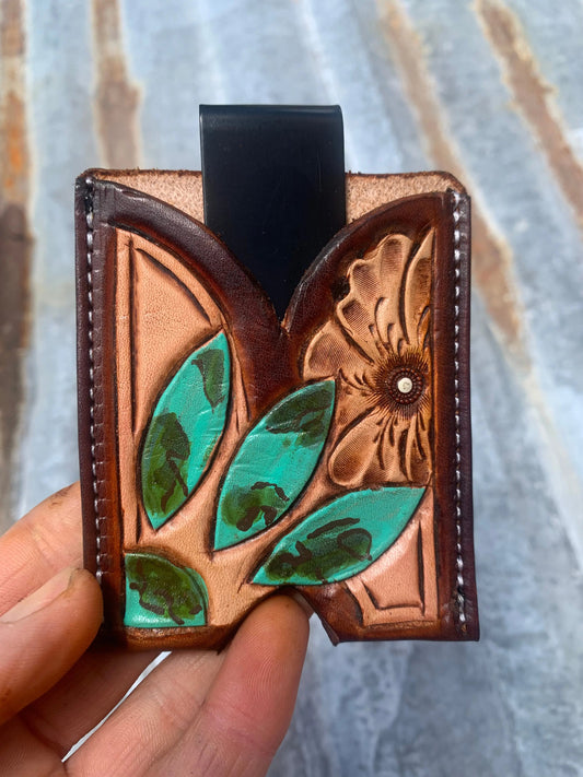 Hand Tooled Leather Boot Wallet with Turquoise Sun and Flower