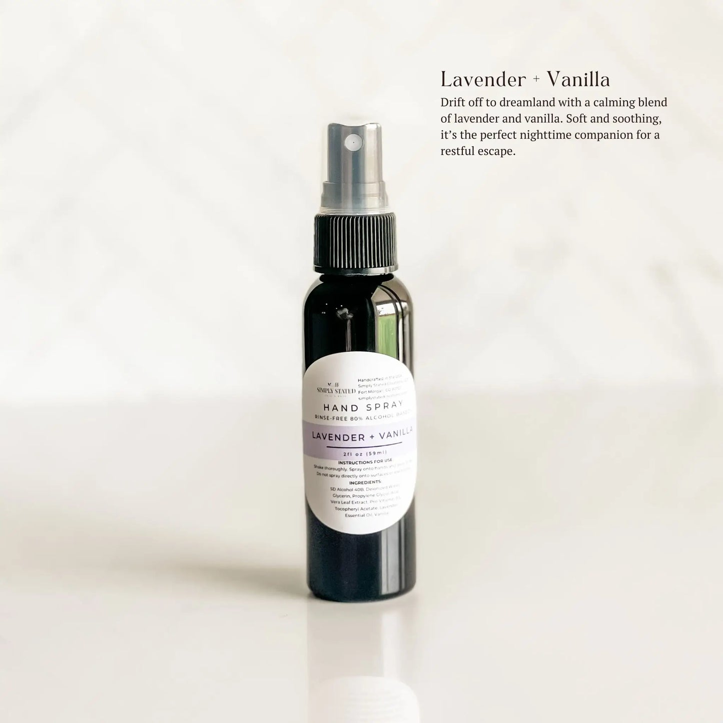 Simply Stated Lavender + Vanilla Hand Spray | Alcohol-Based Sanitizing Mist