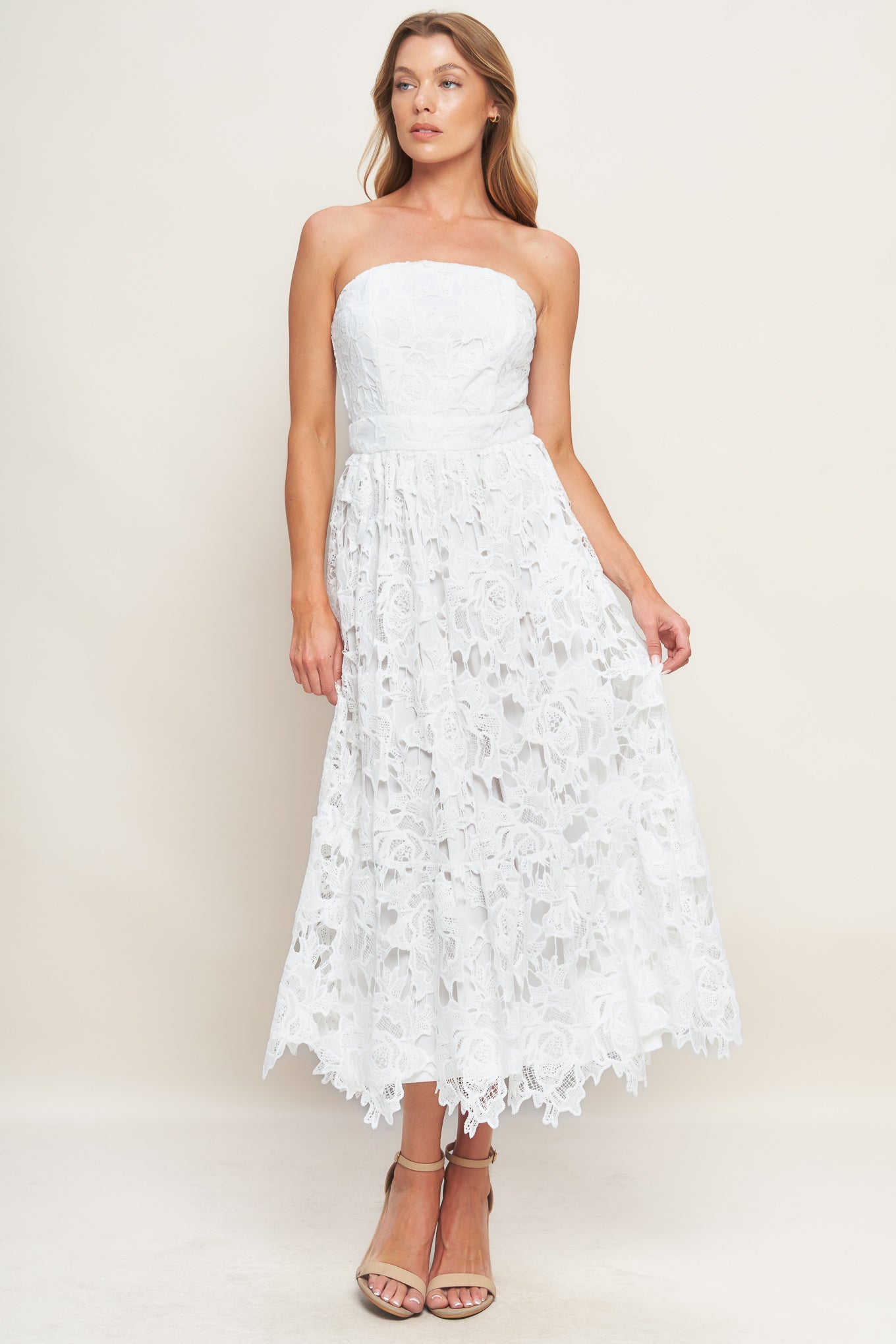 Flying Tomato Carefree Nights Lace Off White Midi Dress