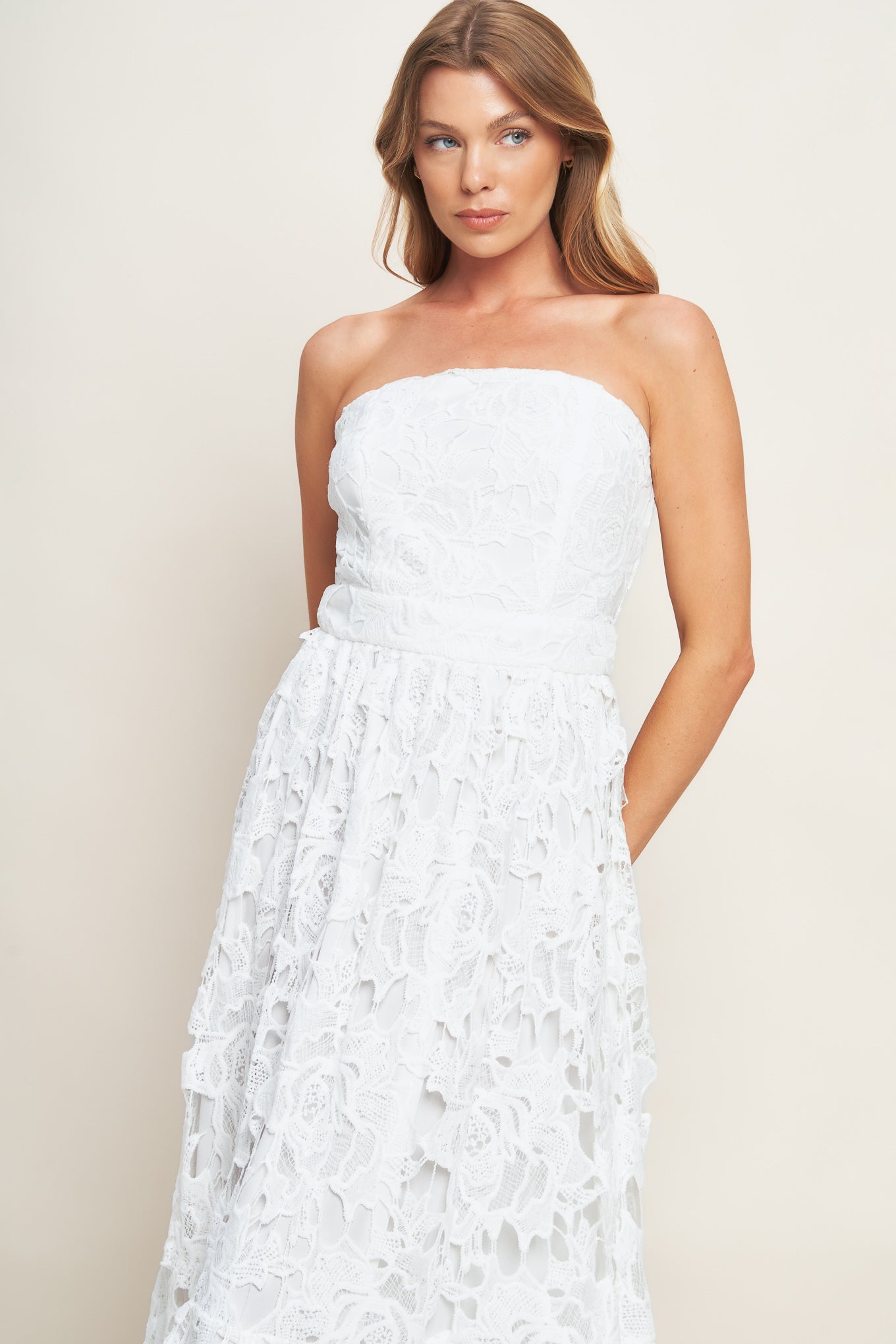 Flying Tomato Carefree Nights Lace Off White Midi Dress