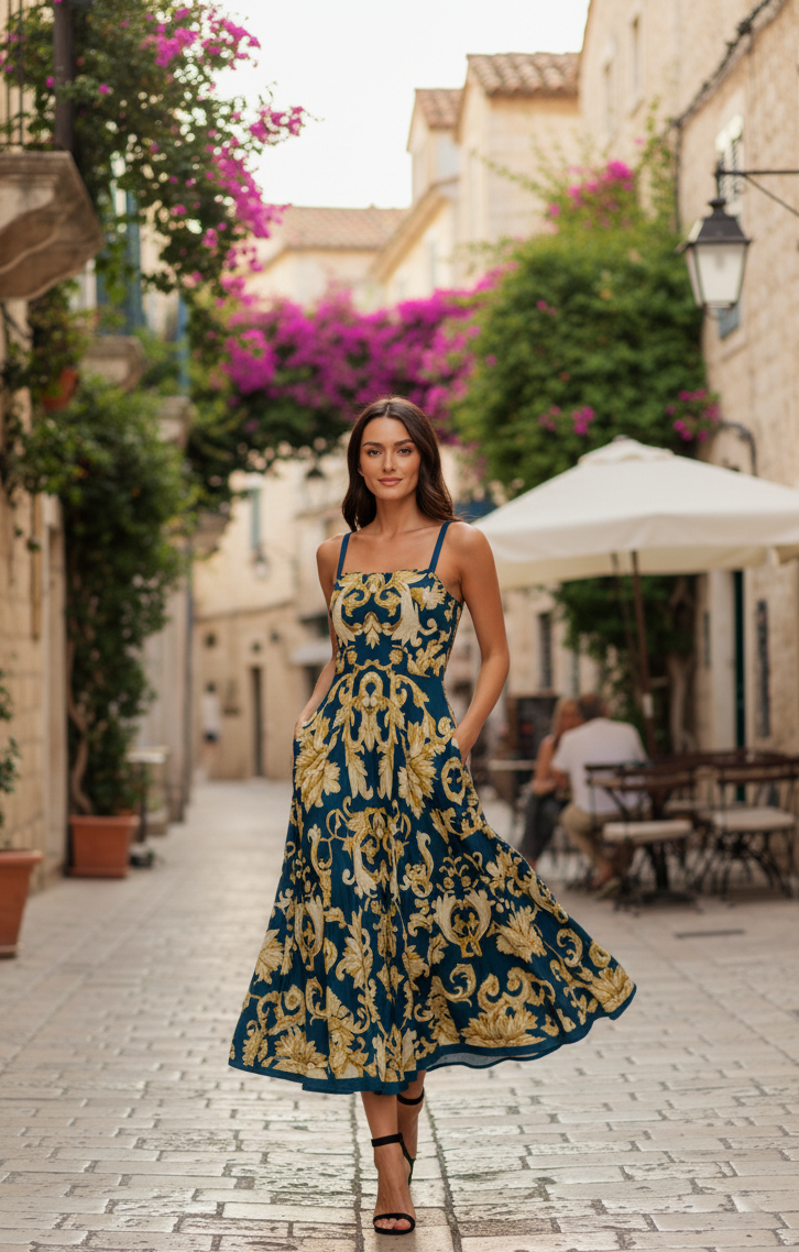 Flying Tomato Imperial Bloom Blue Woven Midi Dress