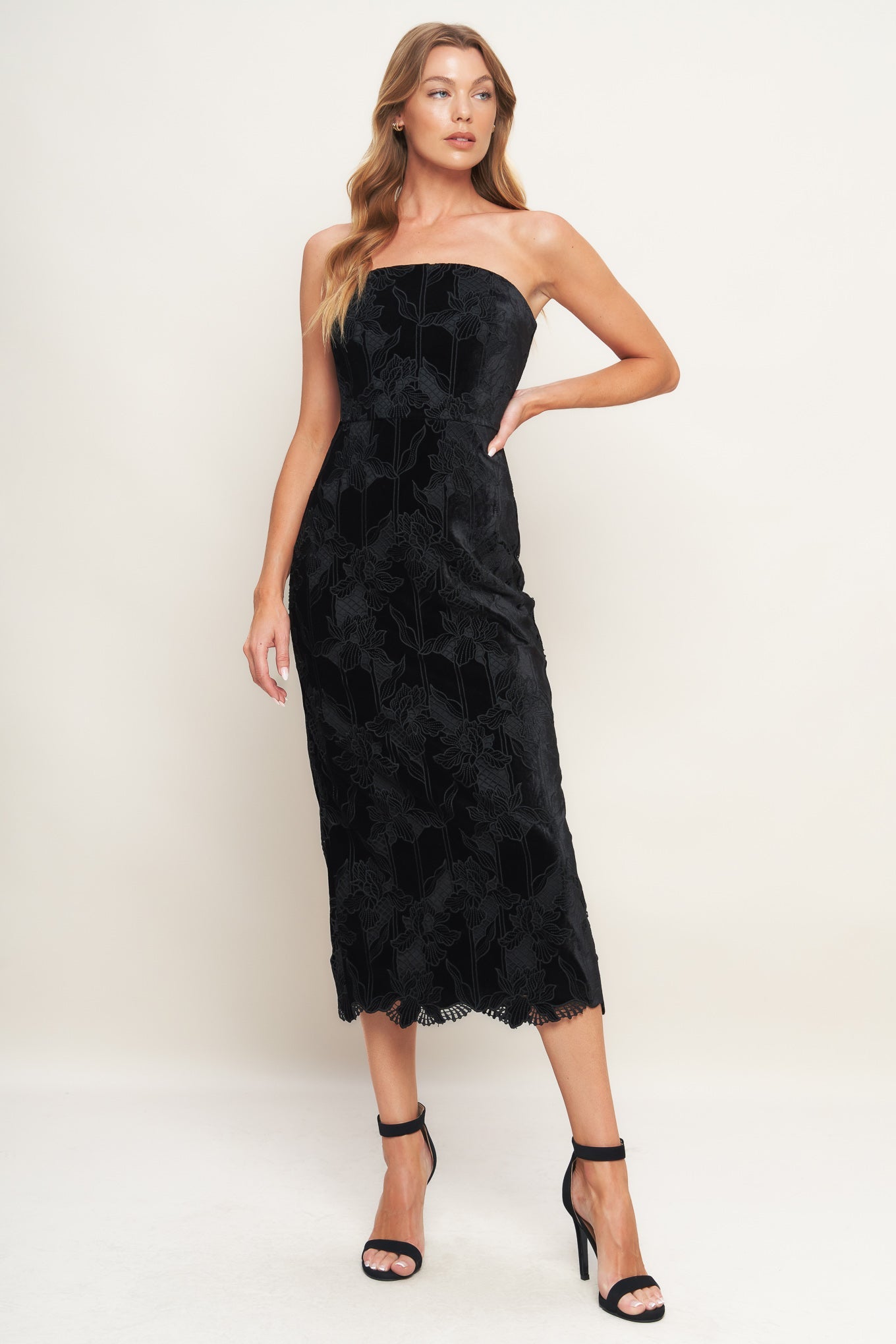 Flying Tomato Black Temptation Woven Velvet Lace Midi Dress