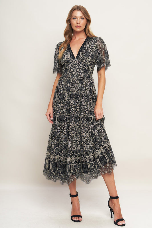 Flying Tomato Gothic Bloom Woven Lace Midi Dress