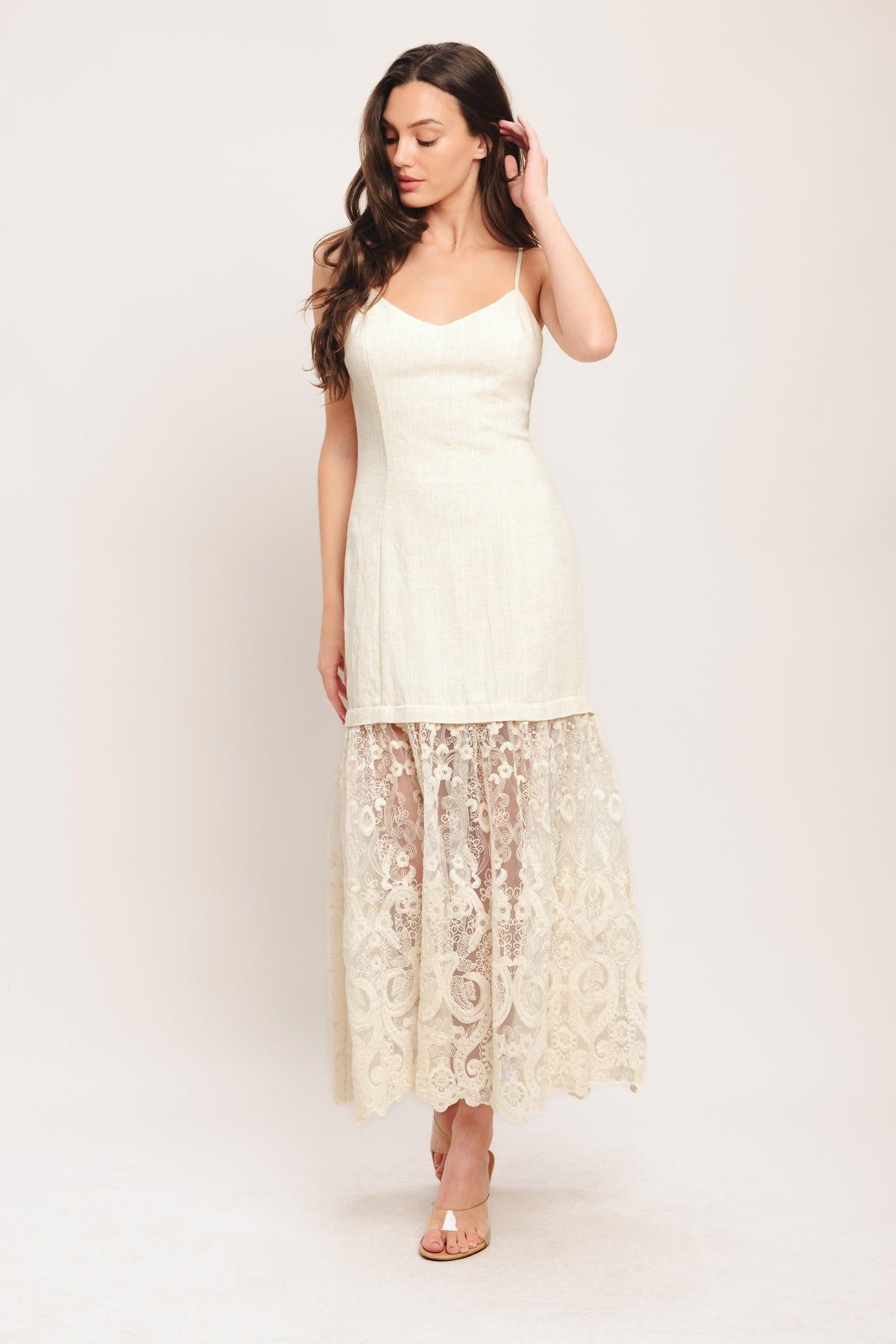 Flying Tomato Milk Petal Woven Lace Midi Dress