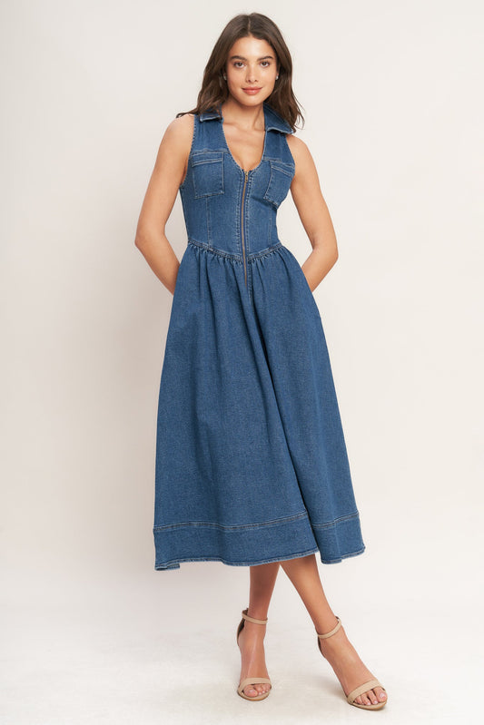 Flying Tomato Indigo Flow Denim Midi Dress