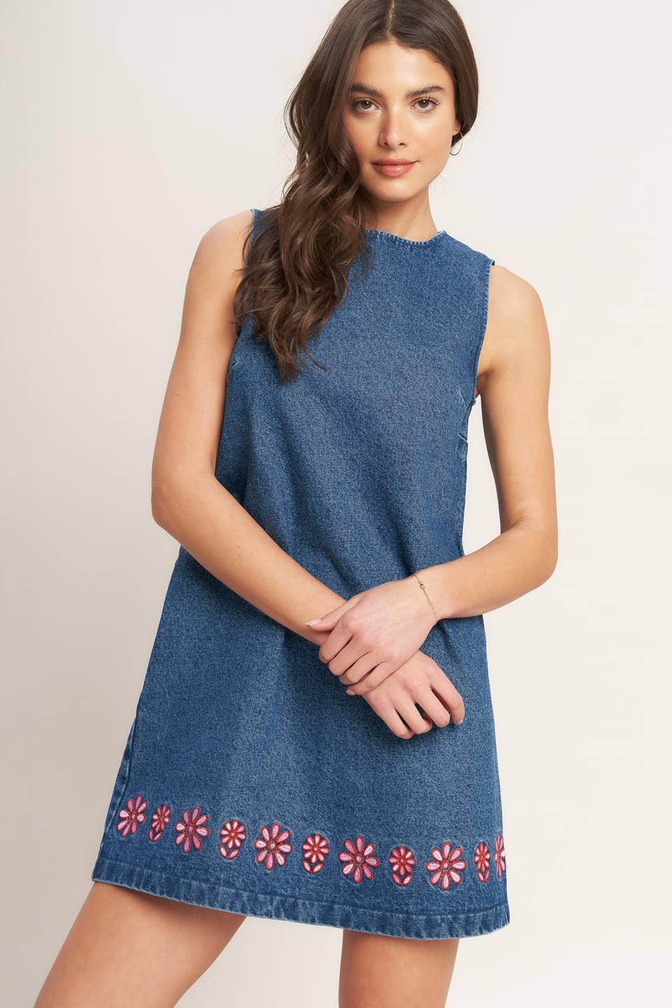 Flying Tomato Artisan-Inspired Denim Mini Shift Dress