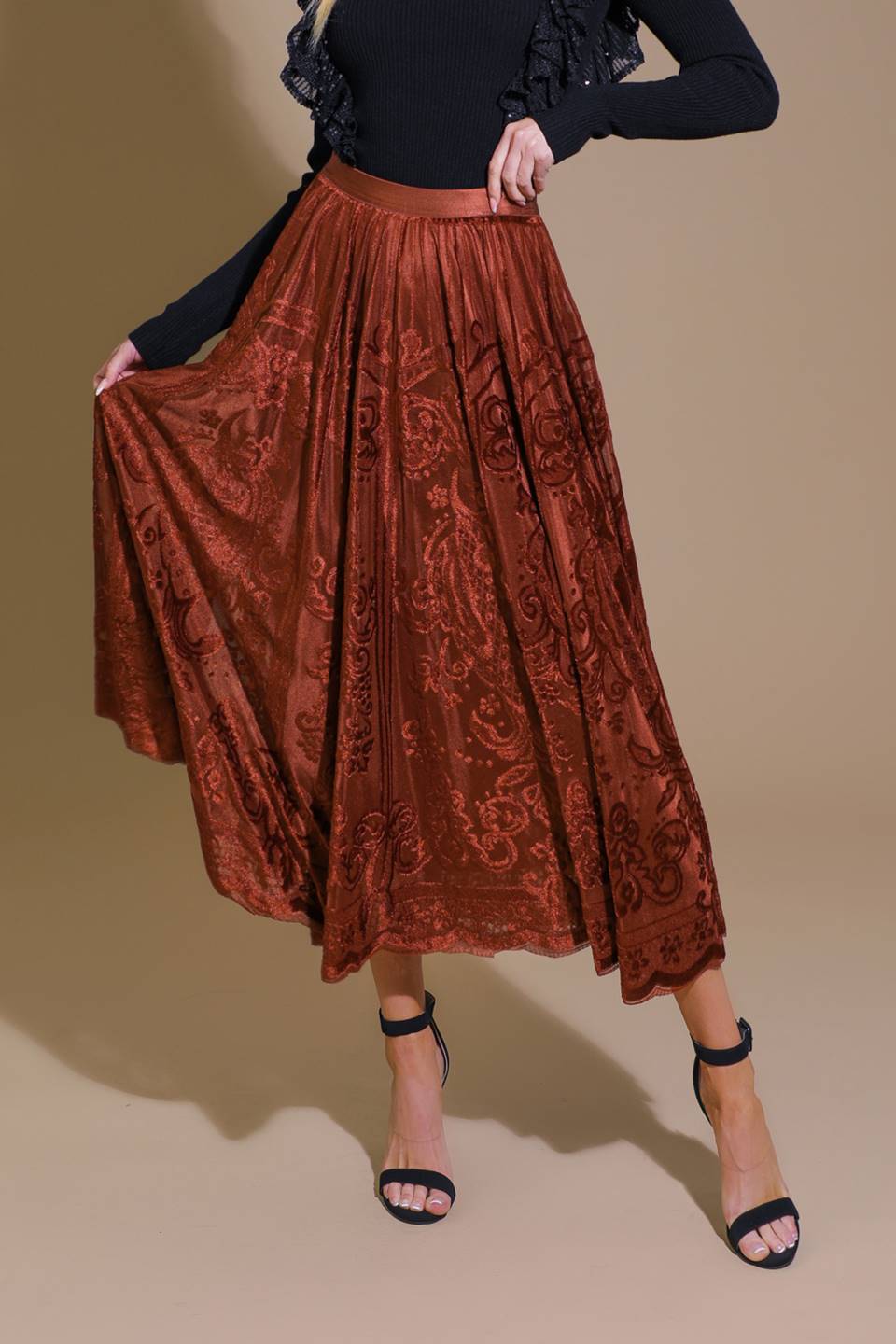 Flying Tomato EASE MY MIND VELVET MIDI SKIRT Choice of Colors