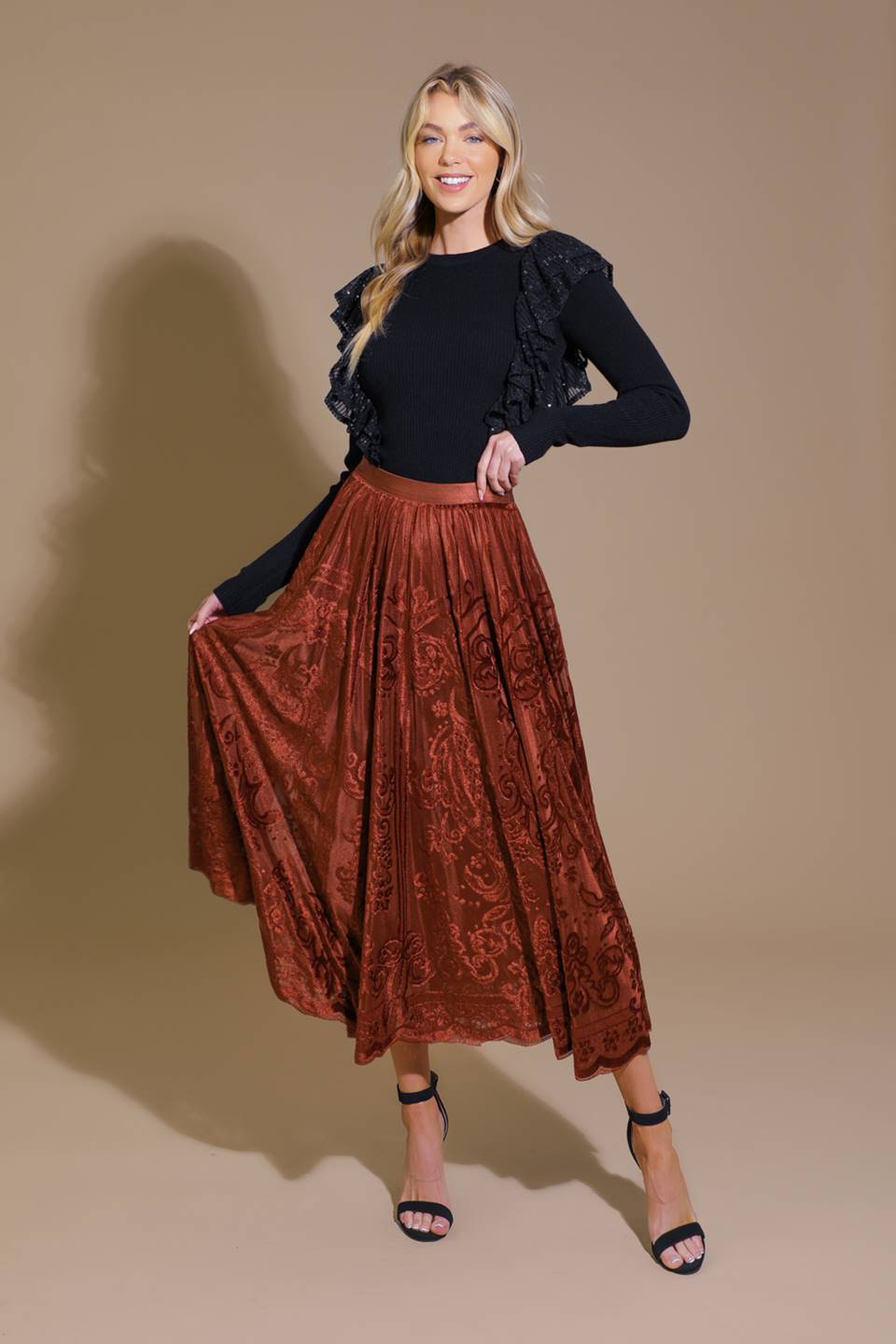 Flying Tomato EASE MY MIND VELVET MIDI SKIRT Choice of Colors