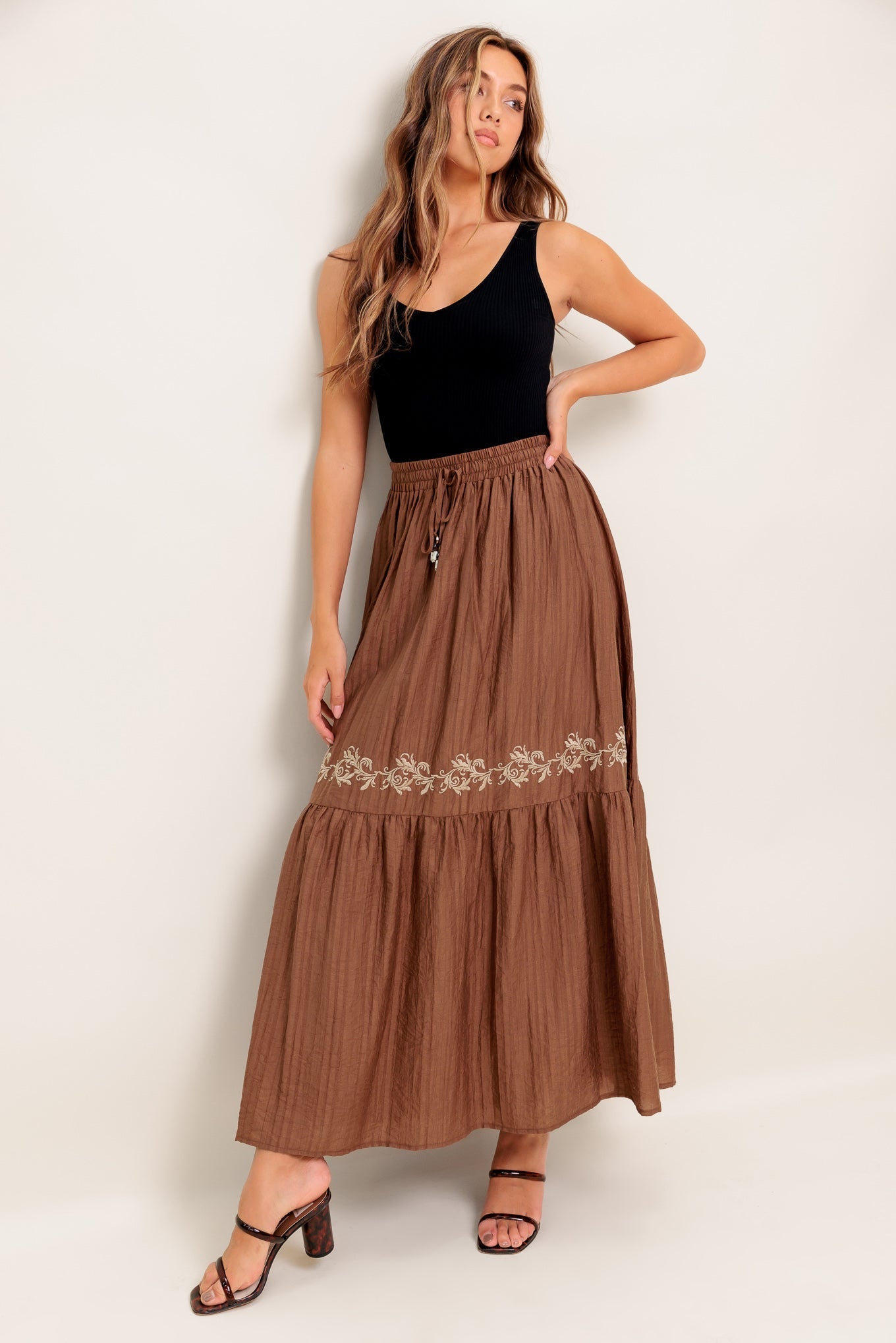 Flying Tomato Full Speed Ahead Brown Woven Maxi Skirt