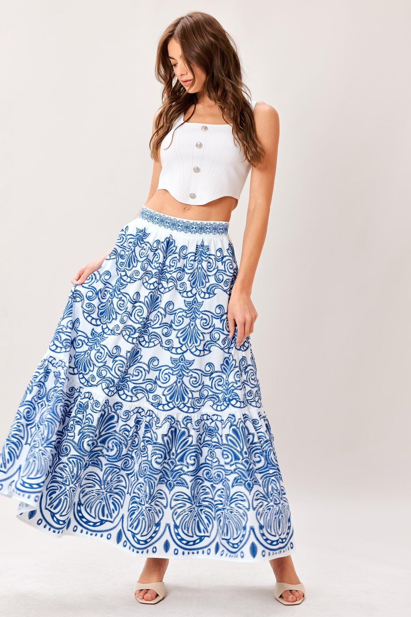 Flying Tomato Azure Ornate Woven Full Midi Skirt