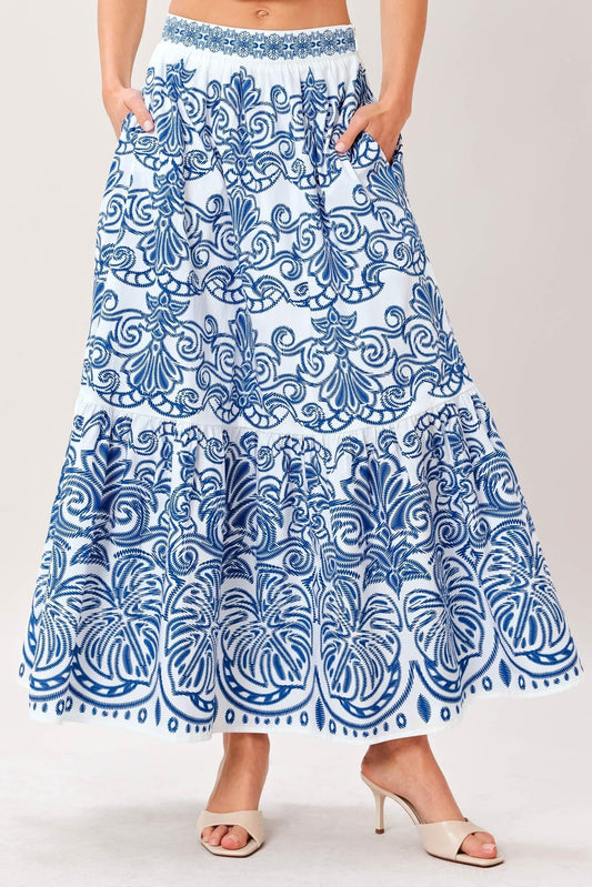 Flying Tomato Azure Ornate Woven Full Midi Skirt