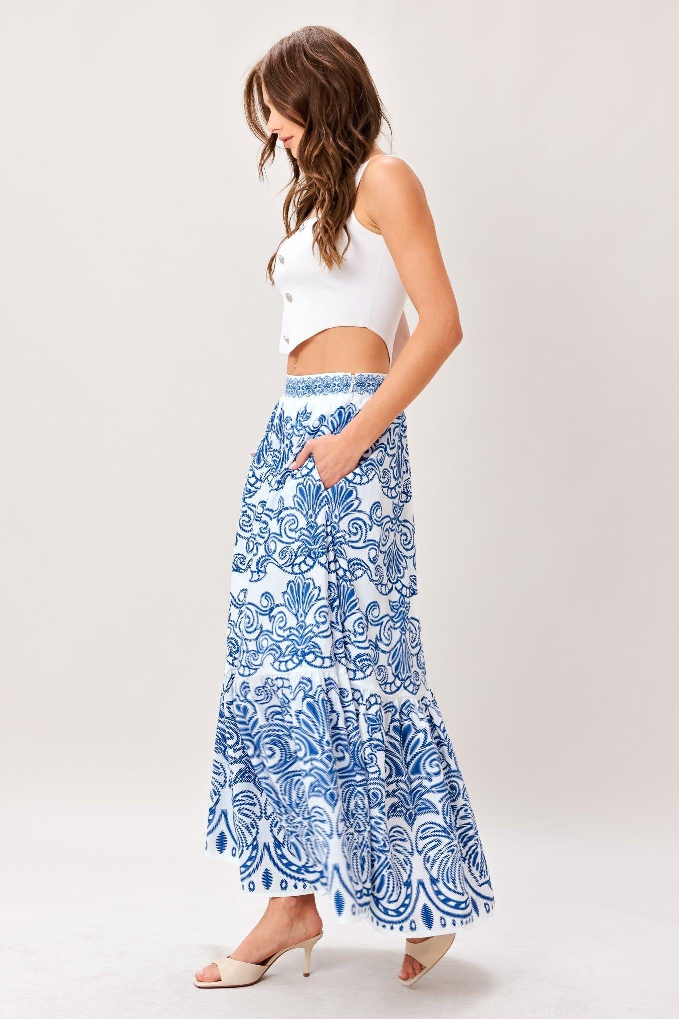 Flying Tomato Azure Ornate Woven Full Midi Skirt