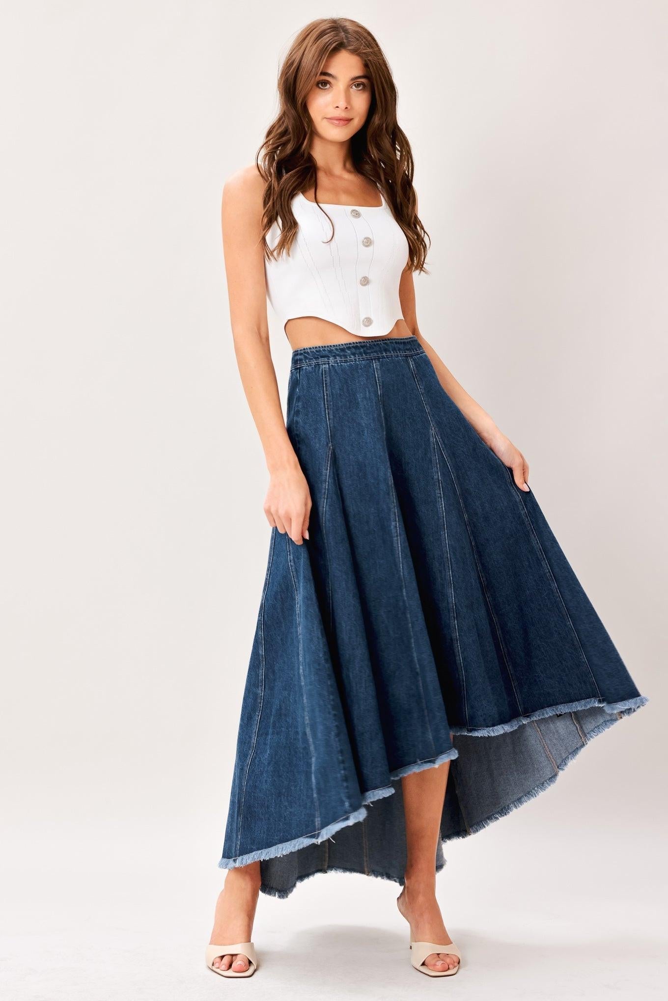 Flying Tomato City Swing Denim Hi-Lo Midi Circle Skirt