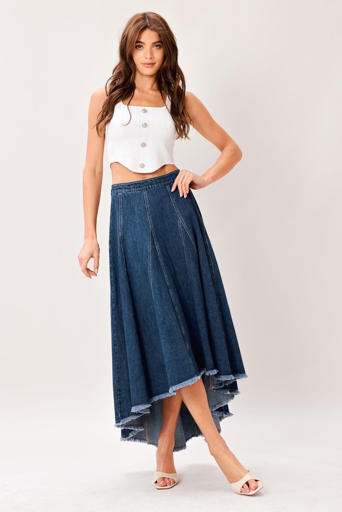 Flying Tomato City Swing Denim Hi-Lo Midi Circle Skirt