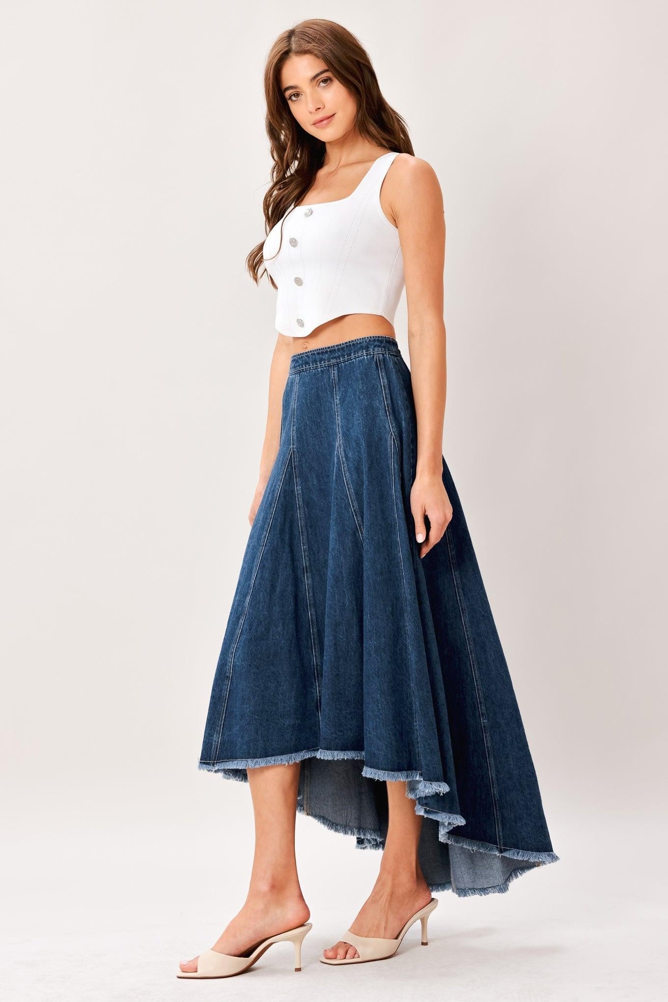 Flying Tomato City Swing Denim Hi-Lo Midi Circle Skirt