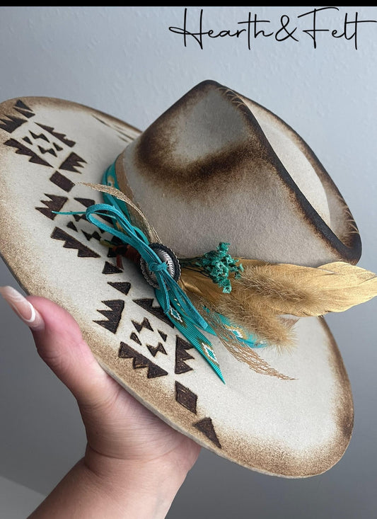 The Turquoise Aztec Hand Burnt Wool Felt Hat