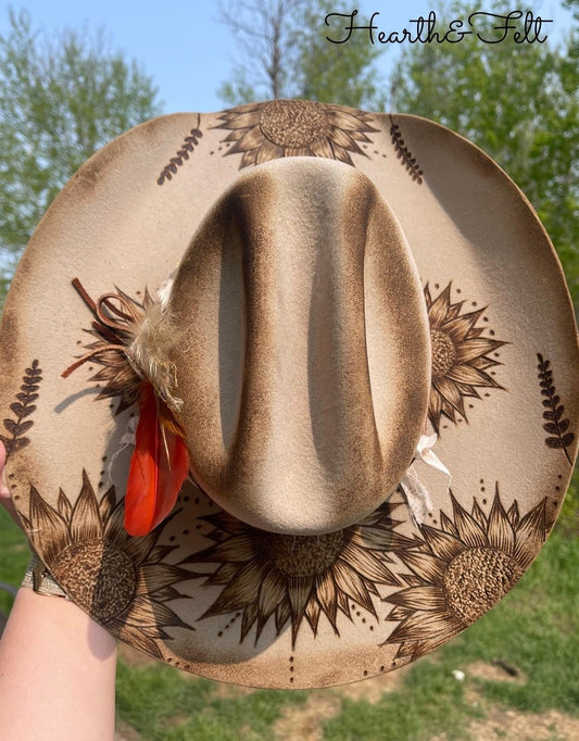 The Prairie Sunflower Hand Burnt Wool Felt Hat