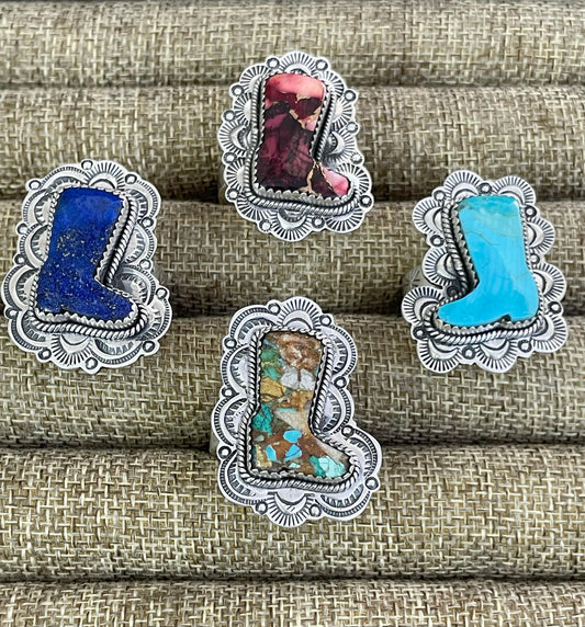 Handmade Silver Sterling Royston, Red Rose Dahlia, Kingman, Lapis Lazuli Adjustable Boot Ring with Signed Nizhoni