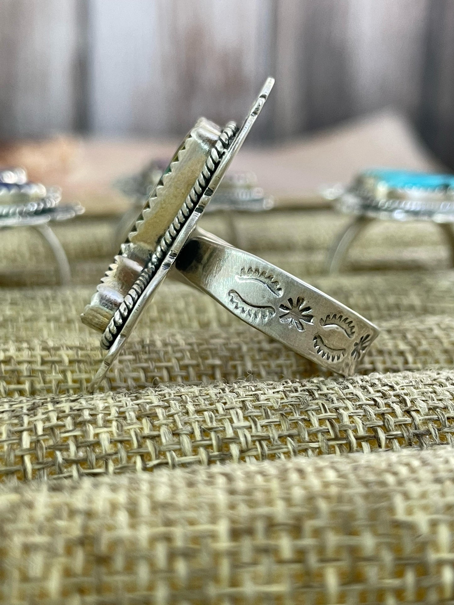 Handmade Silver Sterling Royston, Red Rose Dahlia, Kingman, Lapis Lazuli Adjustable Boot Ring with Signed Nizhoni