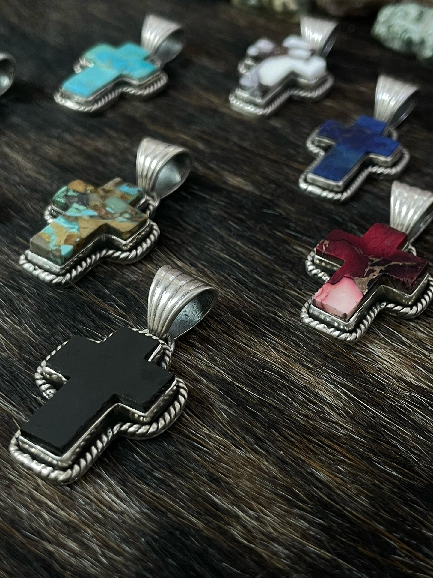 Handmade Sterling Silver Multi Gemstones Cross Pendant with Signed Nizhoni
