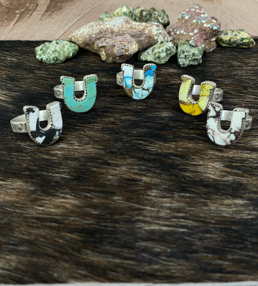 Handmade Sterling Silver Multi Gemstones Horse Shoe Adjustable Ring with Signed Nizhoni