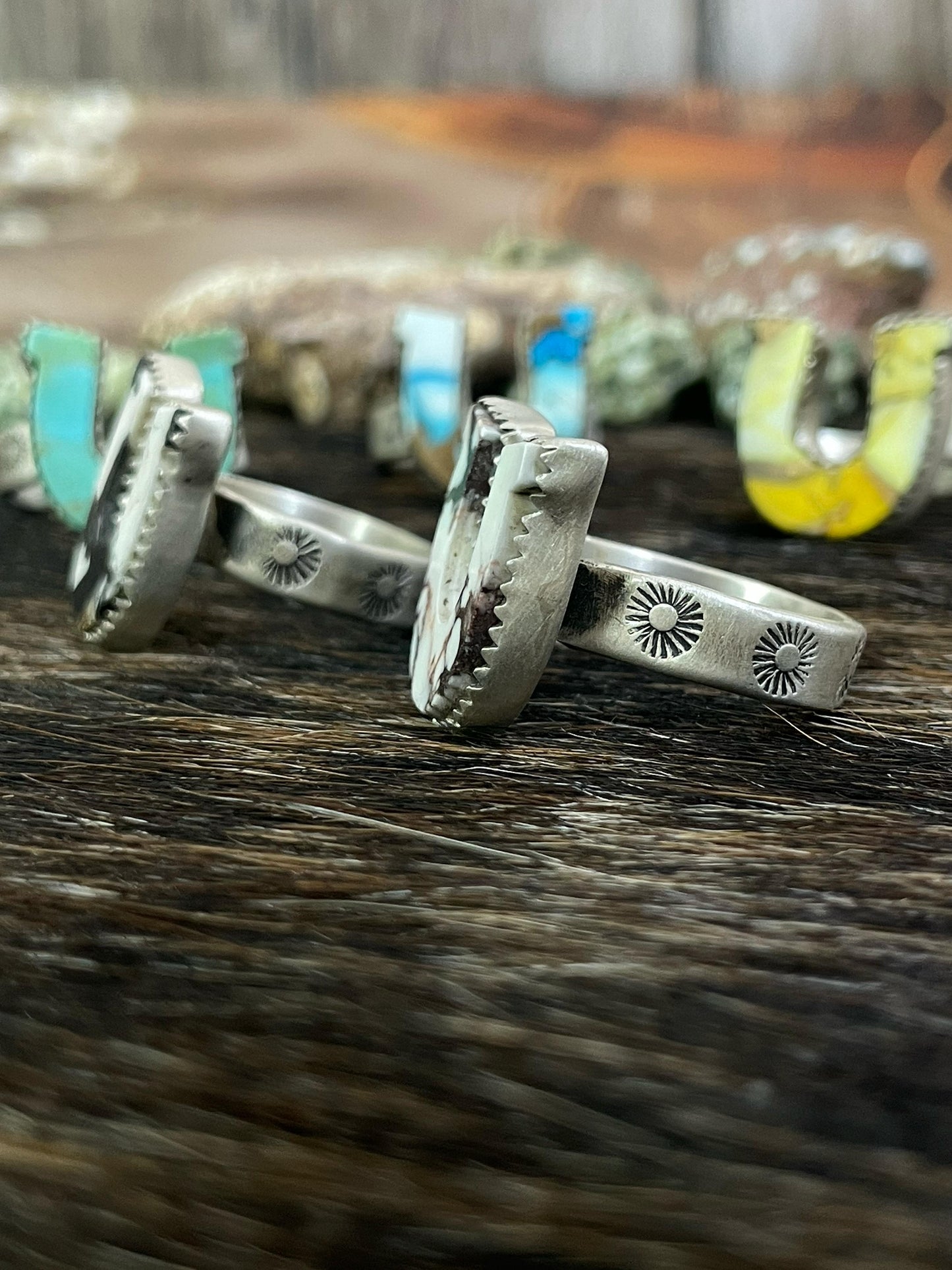 Handmade Sterling Silver Multi Gemstones Horse Shoe Adjustable Ring with Signed Nizhoni