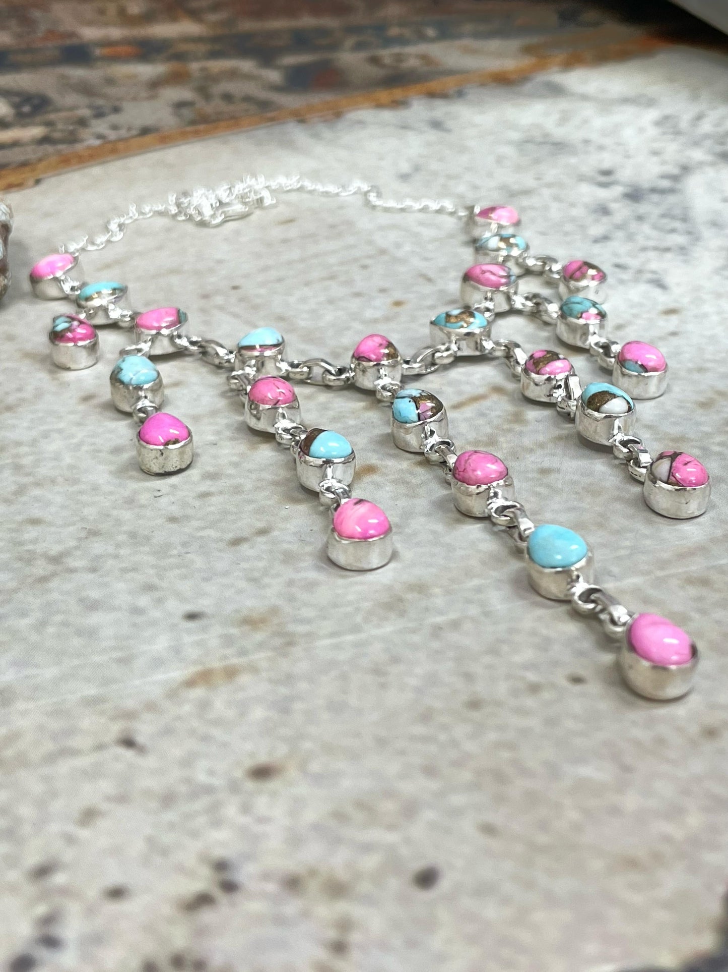 Handmade Sterling Silver Cotton Candy Drop Turquoise Necklace, Signed Nizhoni