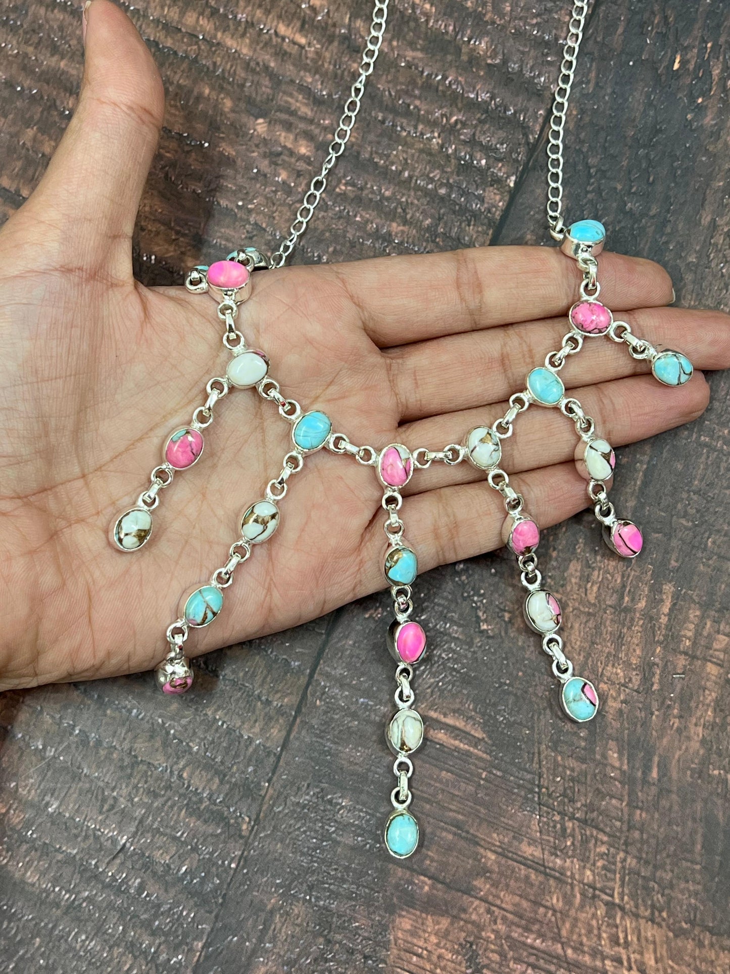 Handmade Sterling Silver Cotton Candy Drop Turquoise Necklace, Signed Nizhoni