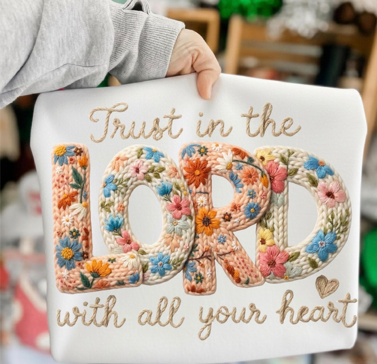 Faux Embroidered Floral Trust in the Lord Shirt – Graphic Tee, Long Sleeve & Crewneck