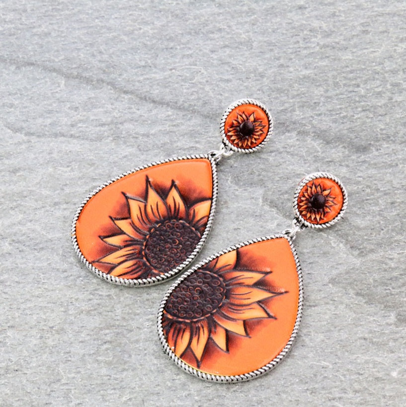 Sunflower Floral Leather Earrings