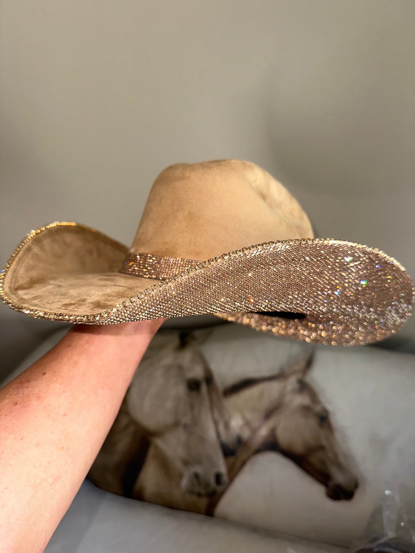 Rhinestone Cowgirl Hat Camel Suede & Lt Topaz Rhinestones