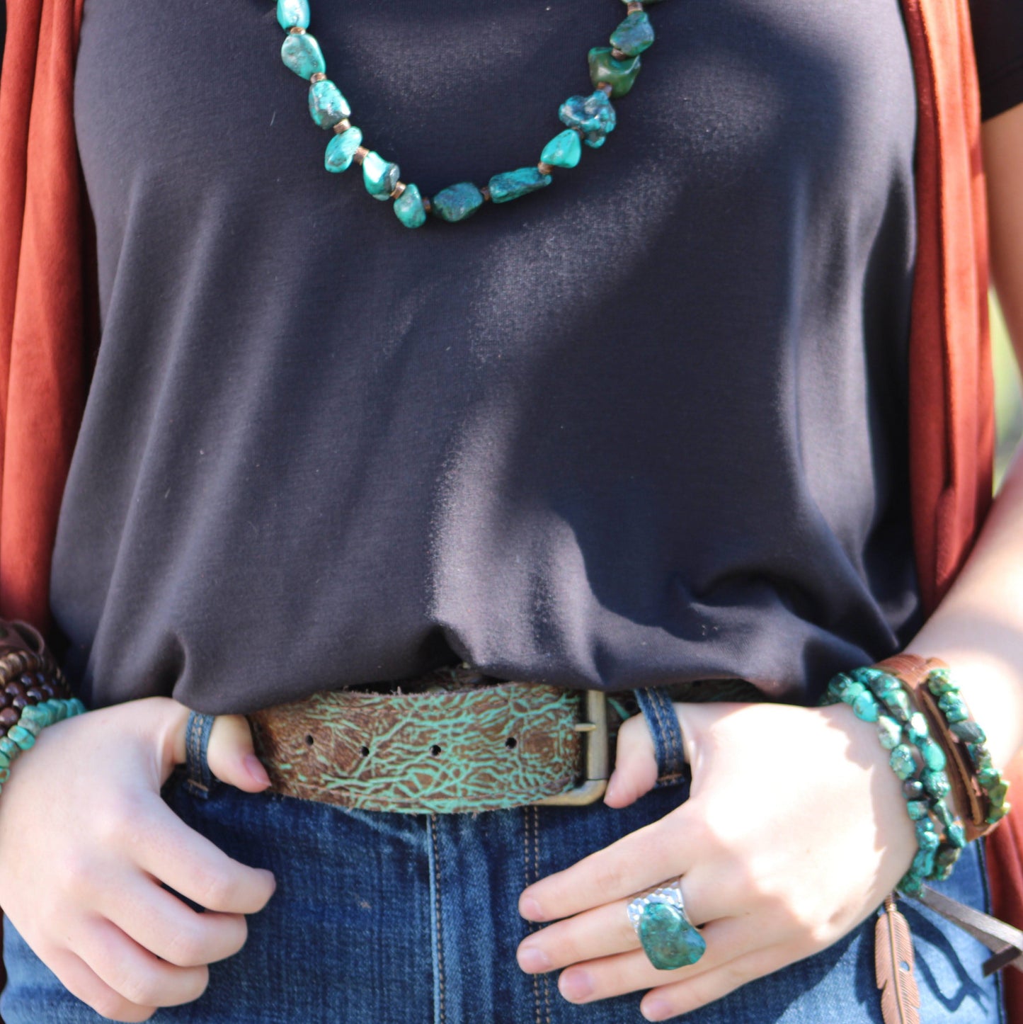 The Jewelry Junkie Double Strand Natural Turquoise Bracelet w/ Feather and Tassel 806n