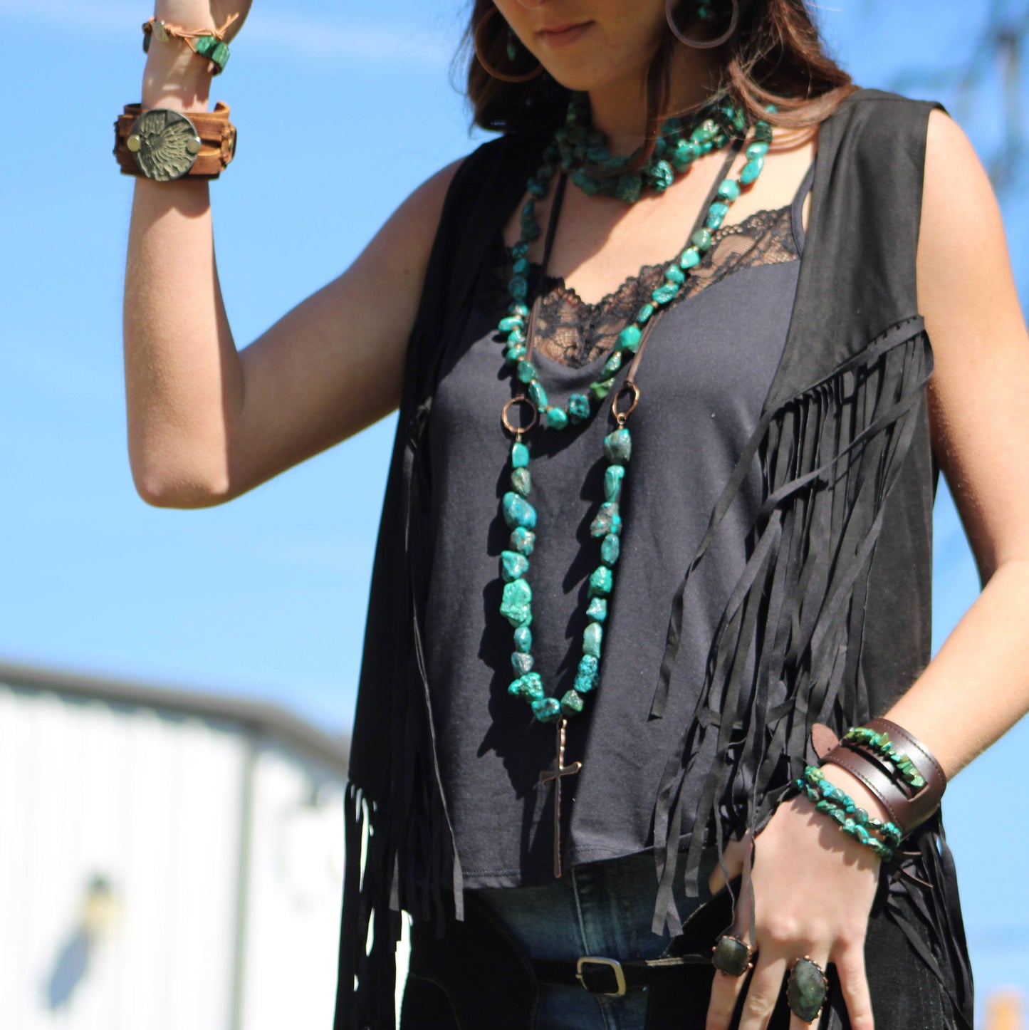 The Jewelry Junkie Double Strand Natural Turquoise Bracelet w/ Feather and Tassel 806n
