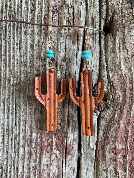 13982 Leather Cactus Saguaro with Turquoise Earrings
