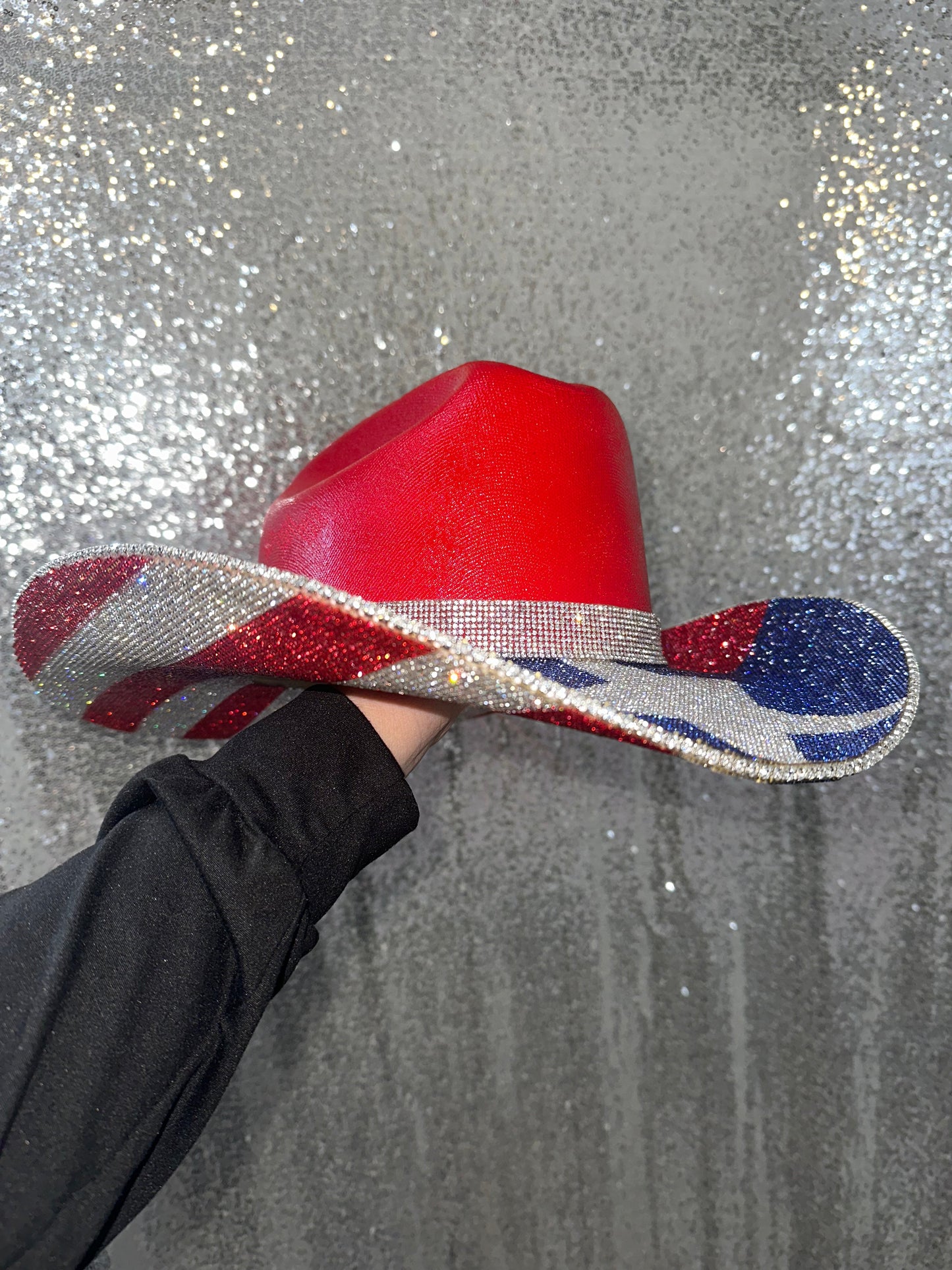 Rhinestone Cowgirl Red Straw Hat with American Flag Print & Texas Flag