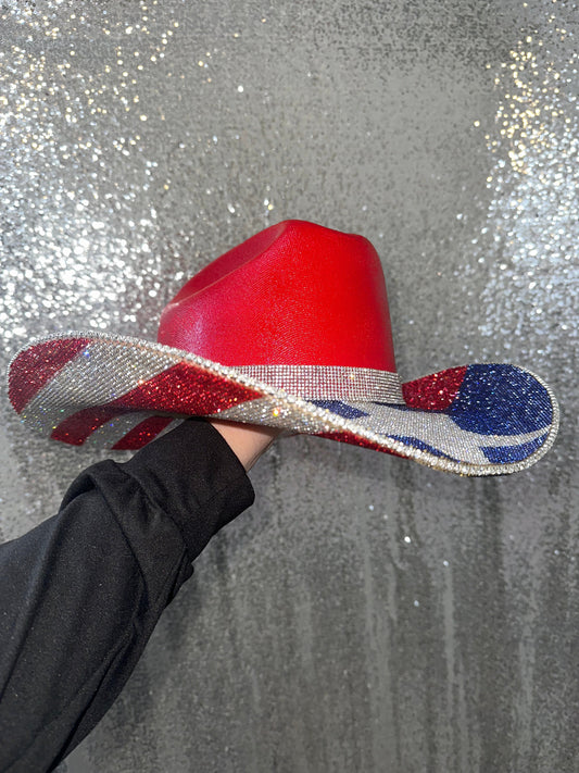 Rhinestone Cowgirl Red Straw Hat with American Flag Print & Texas Flag