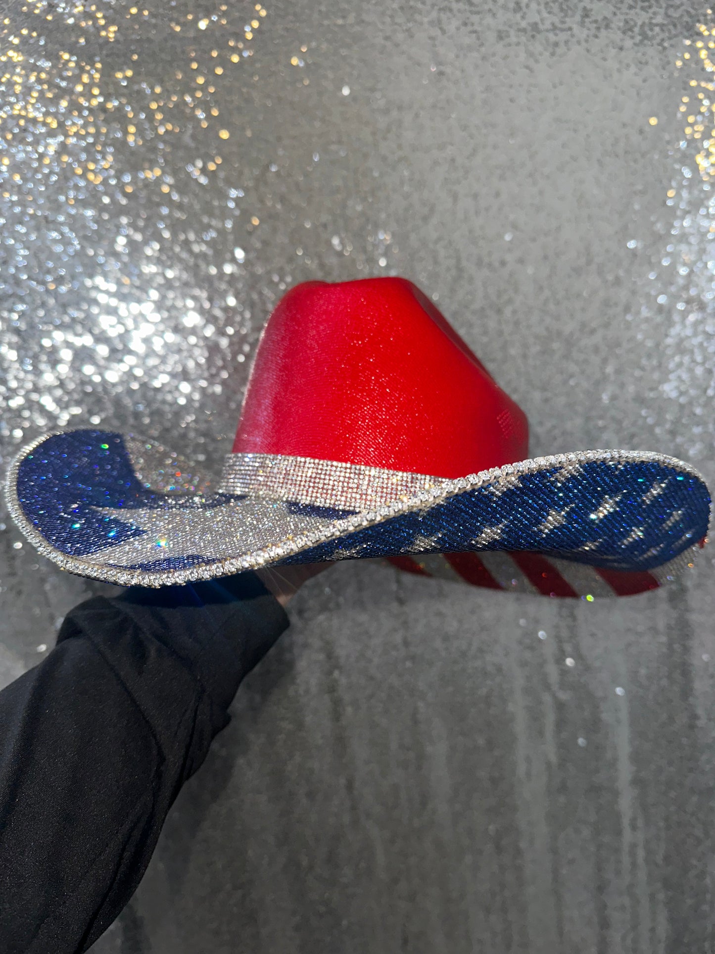 Rhinestone Cowgirl Red Straw Hat with American Flag Print & Texas Flag