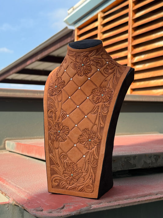 Alamo Saddlery Tooled Leather Necklace Display Stand- Cinnamon