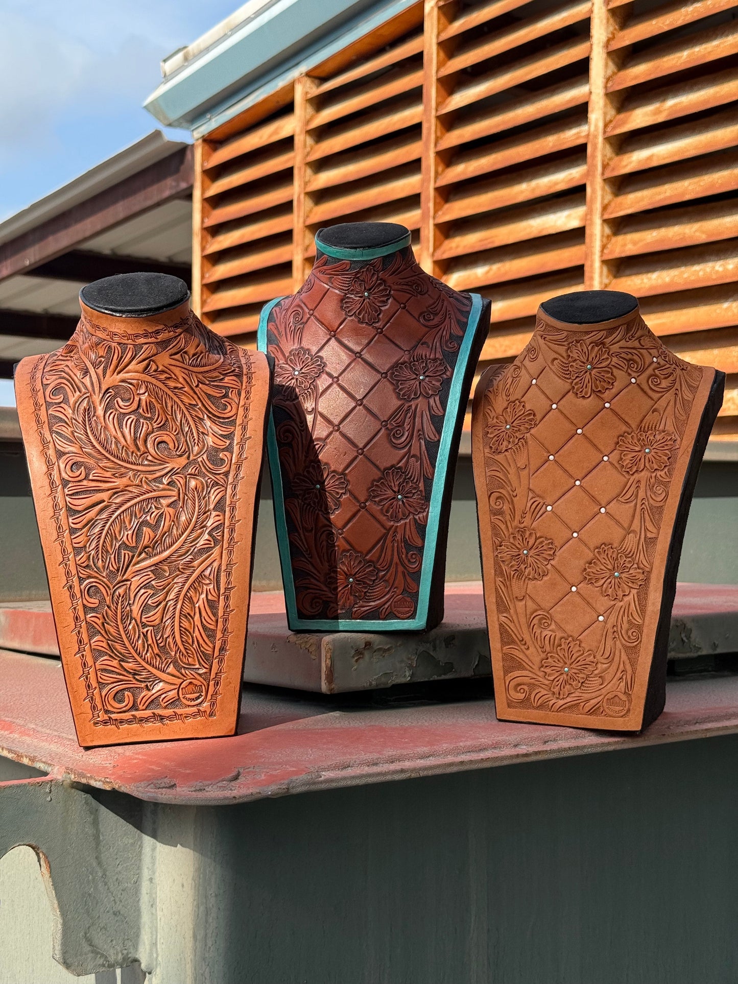Alamo Saddlery Tooled Leather Necklace Display Stand- Cinnamon