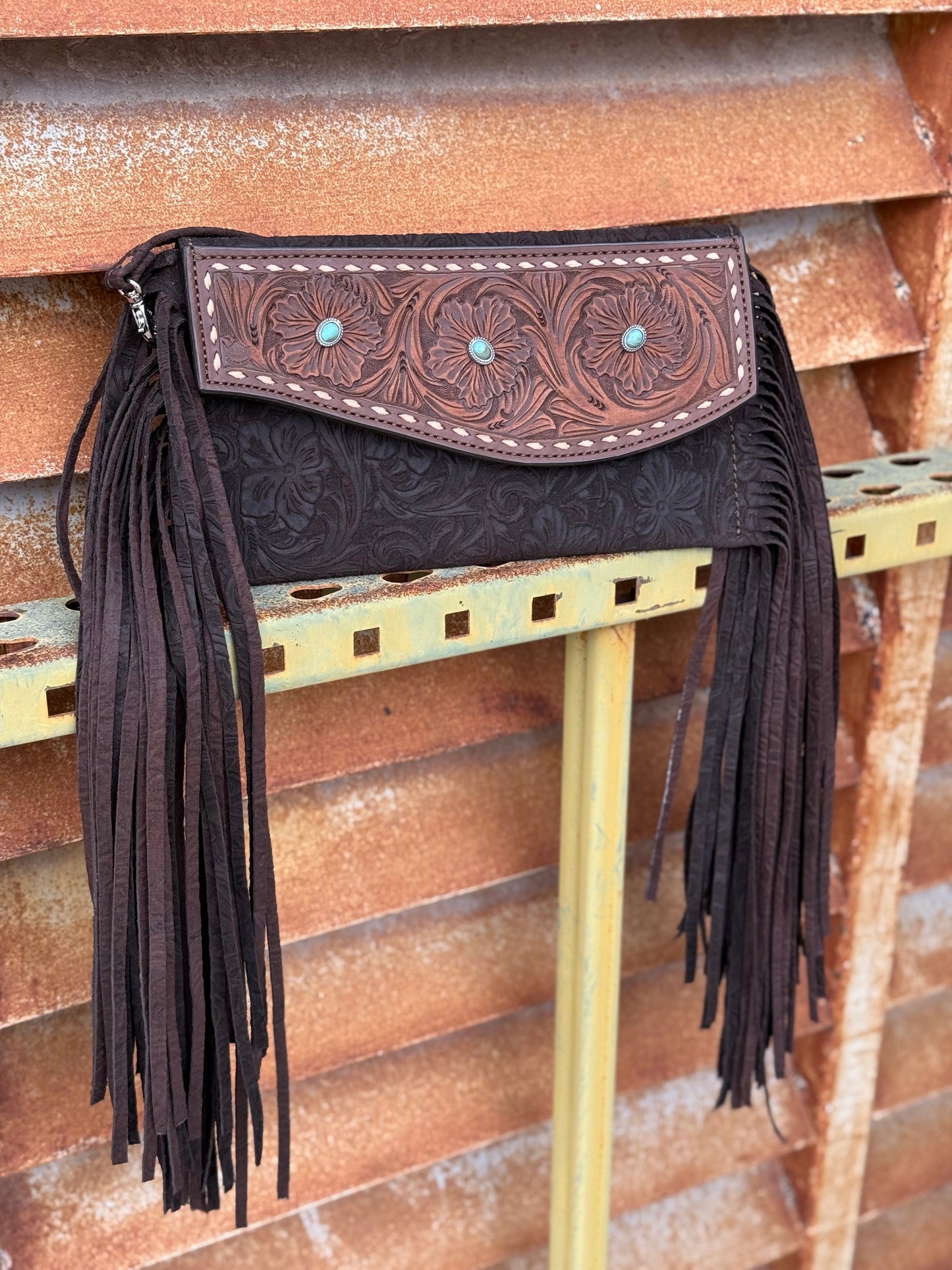 Alamo Saddlery Fringe Clutch- Turquoise Stone (chocolate)
