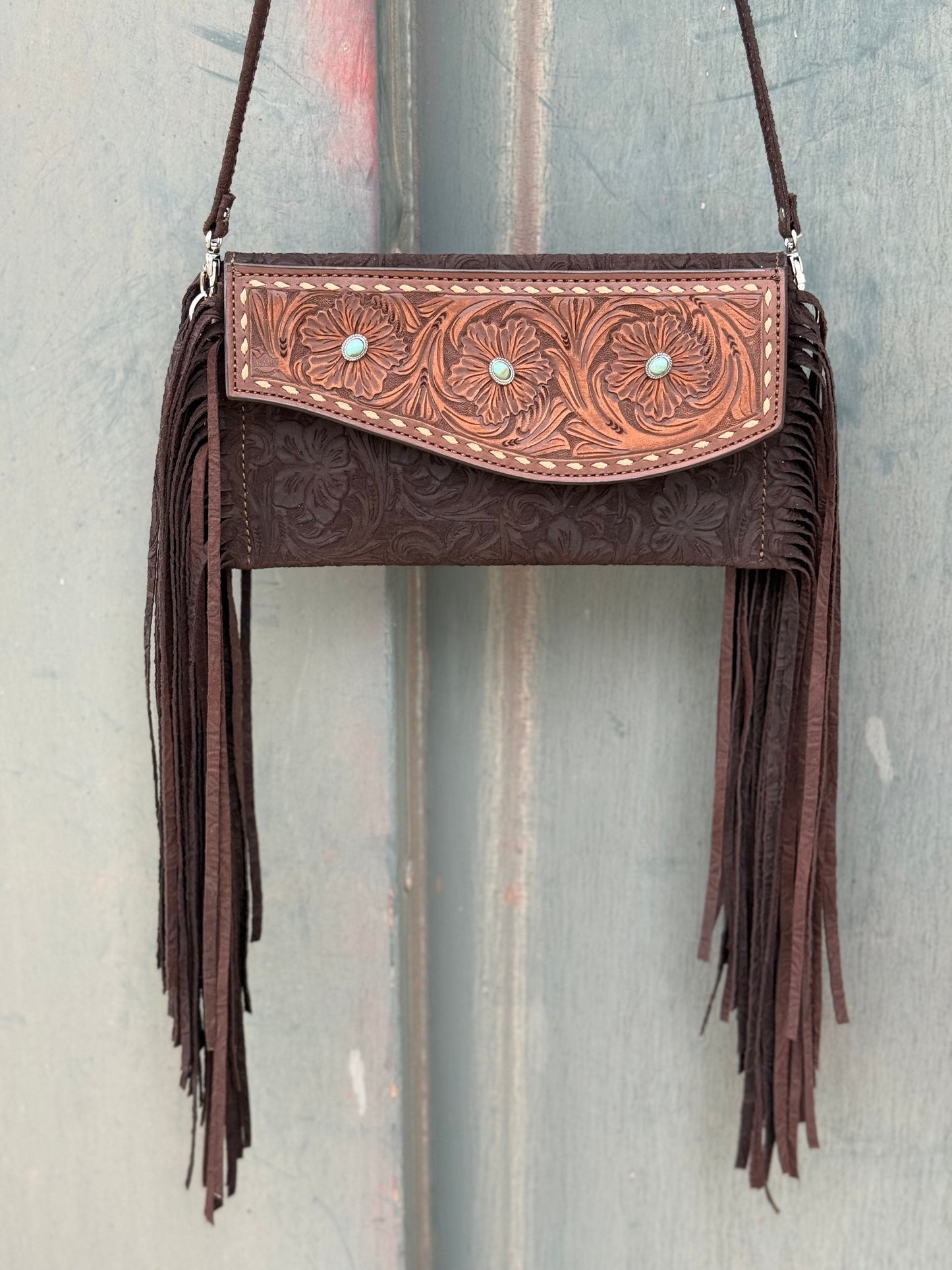 Alamo Saddlery Fringe Clutch- Turquoise Stone (chocolate)